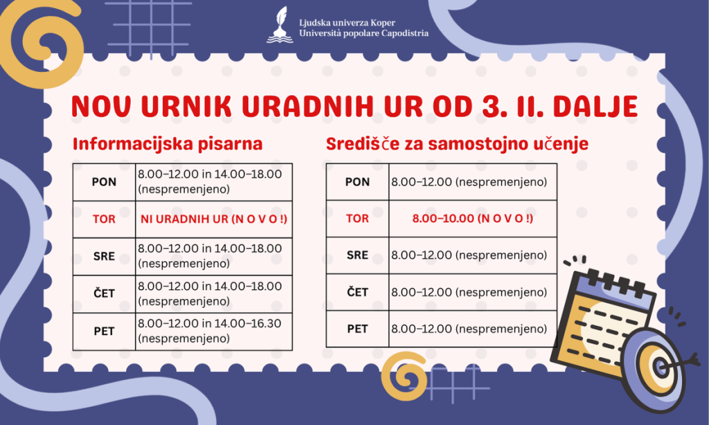 Slika tabele z novim urnikom