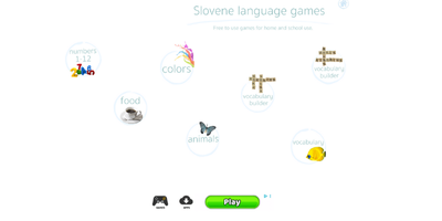 Vstopna stran spletne strani Slovene language games. Na sredini so različne ikone z temami.