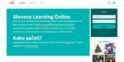 Posnetek zaslona platforme Slovene Learning Online z opisom brezplačnega spletnega tečaja slovenščine za tujce in obrazcem za prijavo.