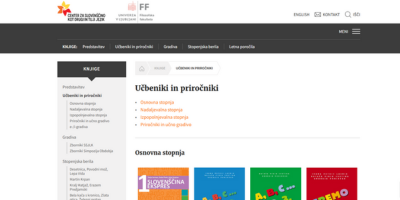 Vstopna stran Centra za slovenščino kot drugi in tuji jezik: zgoraj je naslov ''učbeniki in priročniki'' ter spodaj nekaj fotografij učbenikov.