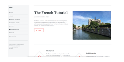 Vstopna stran FrenchTutorial, ki ponuja lekcije, slovnico in besedišče za učenje francoščine na različnih ravneh.