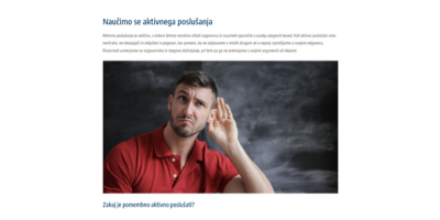 Vstopna stran z nasveti, tehnikami in primeri za aktivno poslušanje ter boljše razumevanje v pogovorih.