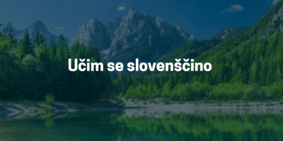 Naslov ''Učim se slovenščino'' in v ozadju jezero z gorami.