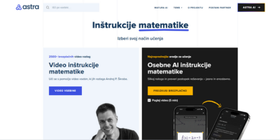 Vstopna stran platforme AstraAI z videoposnetki matematičnih razlag in interaktivnimi vsebinami za učenje.