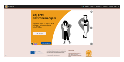 Digitalna soba pobega z interaktivnimi nalogami za prepoznavanje dezinformacij in razvijanje kritičnega razmišljanja pri uporabi spleta.
