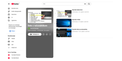 YouTube platforma, ki prikazuje osnovna opravila z računalnikom, kot so vklop, izklop in uporaba posebnih tipk.