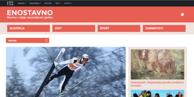 Vstopna stran “Enostavno” RTV Slovenija, ki prikazuje dostopno in razumljivo predstavitev aktualnih novic.