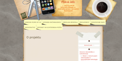 Vstopna spletna stran Itdesk.info, ki prikazuje osnovno računalniško e-izobraževanje in vsebine za digitalno pismenost.