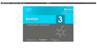Naslovnica učbenika Kemija 3 z motivi molekul, kemijskih poskusov in simbolov.
