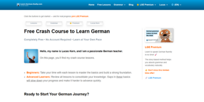 Vstopna stran platforme Learn German Easily s seznamom lekcij za začetnike in vajami za učenje nemškega jezika.