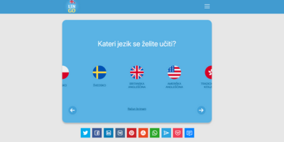Vstopna stran LinGo Play z interaktivnimi karticami in jezikovno igro za učenje tujih jezikov.