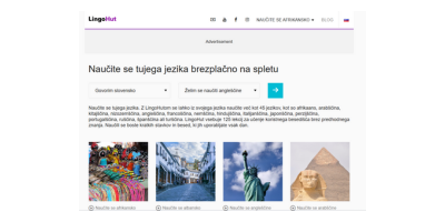 Vstopna stran spletne platforme LingoHut, ki ponuja lekcije za učenje vsakodnevnega besedišča v več kot 45 jezikih.