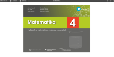 Naslovnica učbenika Matematika 4 z ilustracijami števil, geometrijskih oblik in matematičnih simbolov, namenjena 4. razredu OŠ.