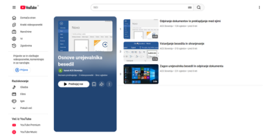 Naslovna slika vstopne strani YouTube platforme z odprtim dokumentom v urejevalniku besedil, tipkovnico in miško, ki prikazuje osnovno delo z dokumenti.