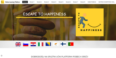 Vstopna stran spletne učilnice “Pobeg k sreči”, ki obravnava teme duševnega zdravja, dobrega počutja in čustvene odpornosti.