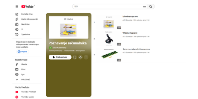 YouTube platforma, ki prikaže osnovne dele računalnika (zaslon, tipkovnica, miška, ohišje).