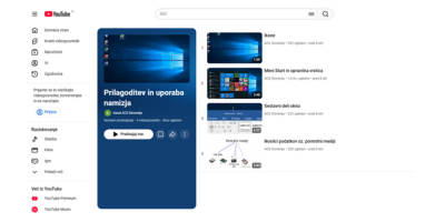 Vstopna stran YouTube platforme s sliko računalniškega namizja, odprtim menijem Start, ikonami in okni ter prikazom premikanja in spreminjanja velikosti oken.