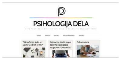 Vstopna stran “Psihologija dela” prikazuje članke, podkaste in raziskave o vodenju, motivaciji in odnosih v organizacijah.