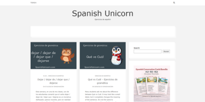 Vstopna stran spletne strani Spanish Unicorn, ki ponuja brezplačne vaje in razlage za učenje španščine.