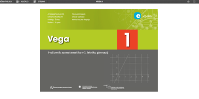 Naslovnica i-učbenika Vega 1 z matematičnimi simboli in grafi za prvi letnik gimnazije.