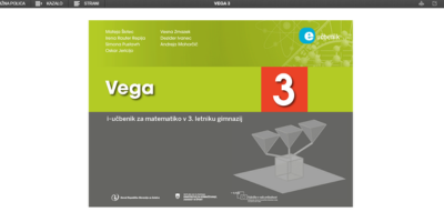 Naslovnica i-učbenika Vega 3 z matematičnimi simboli, grafi in formulami.