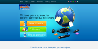 Vstopna stran platforme VideoEle z videoposnetki v španščini, prikazano transkripcijo in interaktivnimi vajami za učenje jezika.