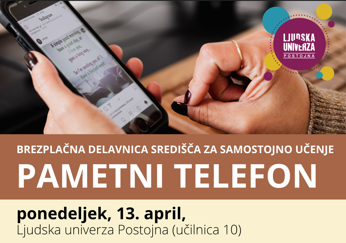 Slika letaka za delavnico, ki prikatuje pametni telefon in naslov delavnice.