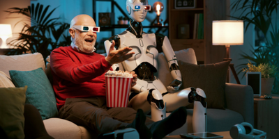 Starejši moški in humanoidni robot sedita na kavču, nosita 3D-očala ter skupaj gledata film v dnevni sobi.