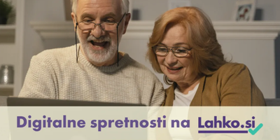 Starejši gospod in gospa se smejita. Spodaj je napis ''Digitalne spretnosti na Lahko.si''.