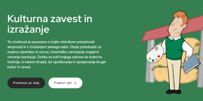 Naslov in opis vprašalnika ''Kulturna zavest in izražanje'' na zeleni podlagi. Na desni strani je lik moškega, ki v eni roki drži knjigo, v drugi roki pa paleto za slikanje.