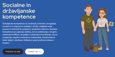 Naslov in opis vprašalnika ''Socialne in državljanske pravice'' na modri podlagi. Desno sta lik moškega in ženske, ki se držita za roko. Predstavljata sodelovanje, aktivno državljanstvo in trajnostno ravnanje.