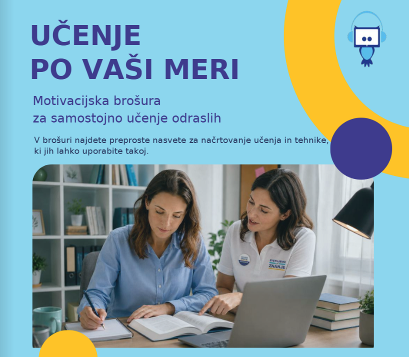 Naslovna stran brošure z naslovom ''Učenje po vaši meri''. NA fotografiji sta dve ženski, ki se skupaj učita.