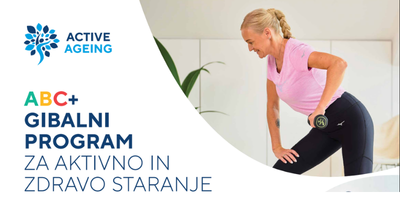 Naslov gradiva ''ABC+ gibalni program za aktivno in zdravo staranje''. Na desni je ženska, ki dviguje utež.