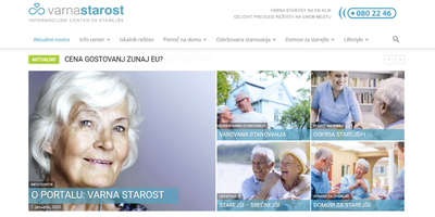 Naslovna stran portala ''Varna starost''. Zgoraj so zavihki, spodaj pa aktualne vsebine.