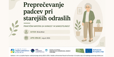 Naslovna stran predstavitve z naslovom ''Preprečevanje padcev pri starejših odraslih''. Na desni strani je grafika starejše gospe.