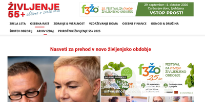 Naslovna stran portala ''Življenje 55+''. Zgoraj so zavihki in spodaj aktualne novice. Na levi strani sta obraza dveh oseb.